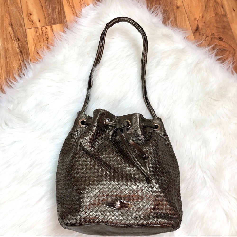Elliott Lucca Woven Leather Drawstring Bucket Bag